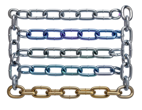 Metallic chains displayed in various colors against a white background