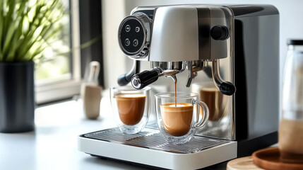 Coffee machine making latte on dark table