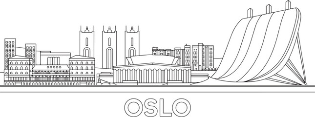 Detailed Outline Skyline of Oslo Norway with Prominent Buildings and Landmarks Vector Illustration