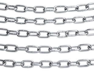 Multiple metal chains in a row against a white background industrial concept