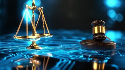 Scales of justice and gavel alternate, reflecting on a digital surface, symbolizing online justice, legal tech, cyberlaw, and digital rights