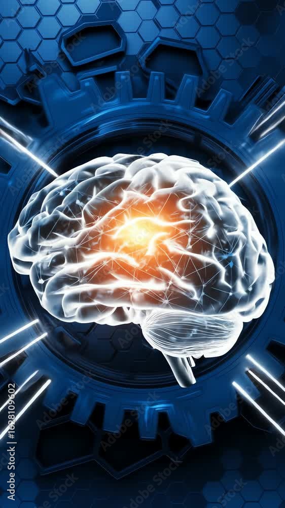 Poster abstract animation of brains within gears, illuminated by beams of light, symbolizes cognitive proce