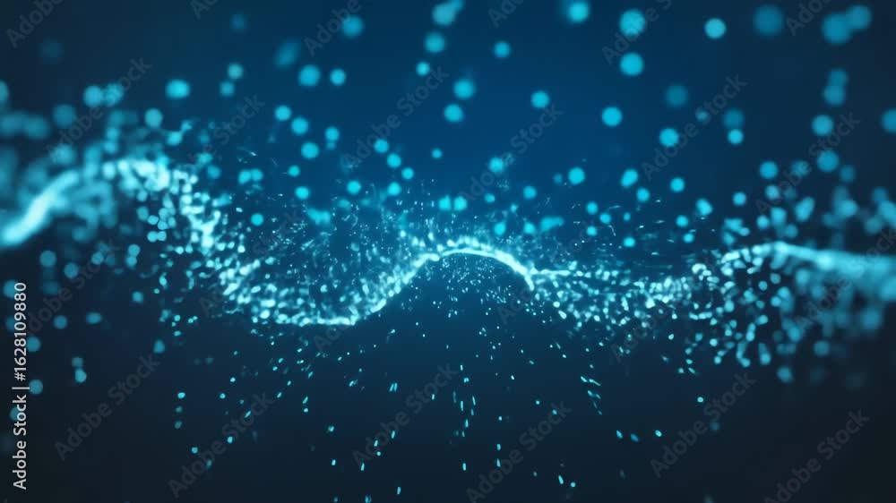 Poster abstract animation of blue particles flowing, creating dynamic waves and patterns, symbolizing energ