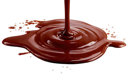 Pouring liquid chocolate forming puddle isolated on white background