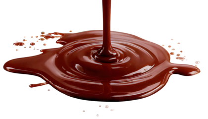 Pouring liquid chocolate forming puddle isolated on white background