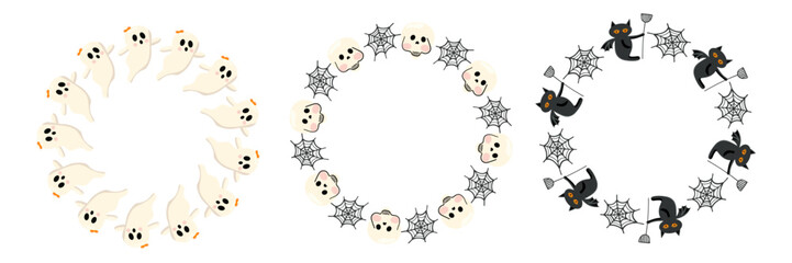 Simple round Halloween frame with cute and funny characters. Hand drawn. Includes pumpkins, ghosts, bats, spiders and autumn elements. Perfect for greeting cards, posters, invitations and banners.

