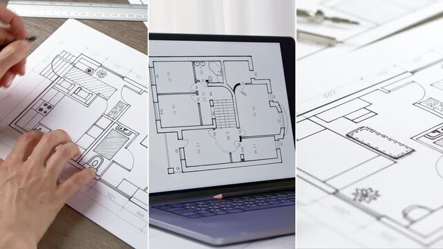 Collage of interior design drawings. Sketch of the house. Architectural blueprints on paper.
