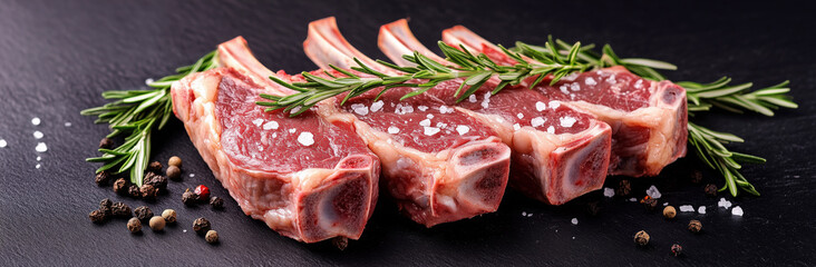 Greeting banner showcasing raw lamb chops with salt and pepper on table, captured in high-resolution with insanely detailed textures, fine details, professional color grading, award-winning compositio