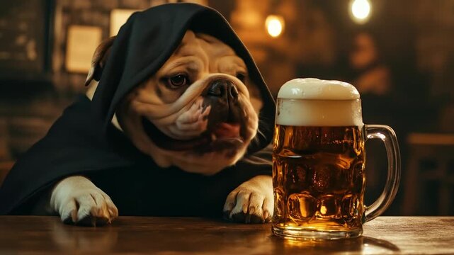 Bulldog in dark hood sits at bar, eyeing beer mug playfully.  Humorous,  anthropomorphic portrayal of dog enjoying ale, suggesting companionship and lightheartedness