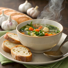 Wholesome dinner with organic garlic and vegetable soup