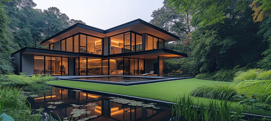 Modern two-story house with large glass windows, clean lines, surrounded by lush greenery near a serene pond. Sleek architecture emphasizes open spaces, natural light, golden-hour highlights