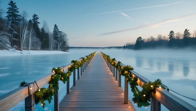 Wooden pier decorated with christmas lights and garlands over a frozen lake at dusk