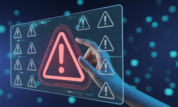 Alert Interface: A hand interacts with a futuristic, digital interface displaying an array of warning symbols, symbolizing cybersecurity threats and data protection concerns.