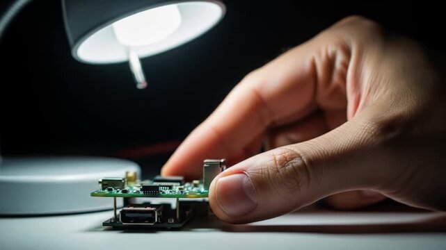 Examining a Raspberry Pi: Close-up of Hand Inspecting Circuit Board Under Desk Lamp