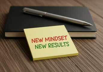New mindset new results motivational message on sticky note with pen and notebook
