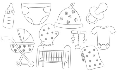 Hand drawn Baby Essentials Outline Icons Minimal Line Art for Newborn Life