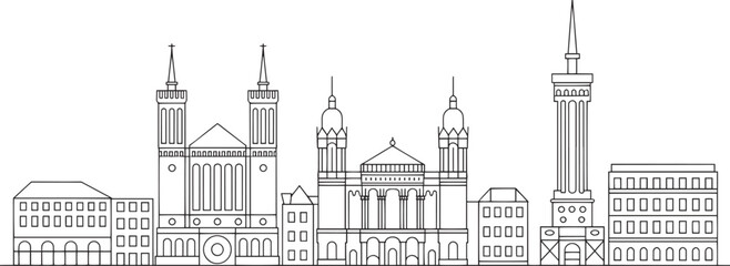 Obraz premium Detailed Skyline Outline of a European City with Churches, Towers, and Buildings on Transparent
