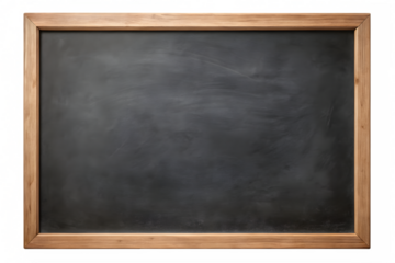 A blank chalkboard with a wooden frame, isolated on a transparent background, ready for writing or drawing