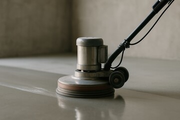 Obraz premium Industrial floor polisher cleaning and buffing concrete surface in an empty warehouse, highlighting cleanliness and maintenance