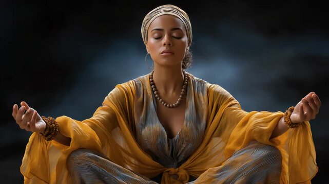Woman experiencing emotional release during meditation guided by a guru. Calm and transformative scene ideal for mindfulness, spirituality, wellness, and personal growth content