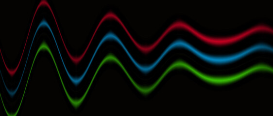 Dynamic wave pattern of red, blue and green on stark black provides a modern visual rhythm