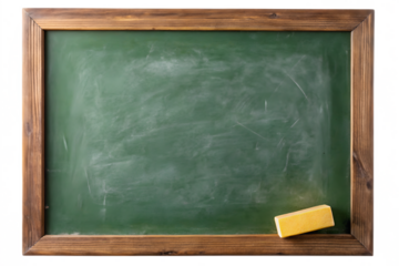 A green chalkboard with a rustic wooden frame, featuring a chalk eraser on the bottom right corner, isolated on a transparent background for educational use
