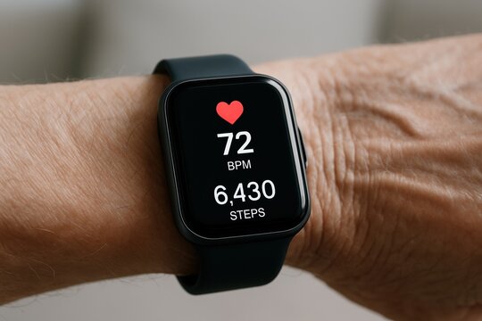 smartwatch displaying heart rate and step count on elderly person's wrist, showcasing active lifestyle and health monitoring technology