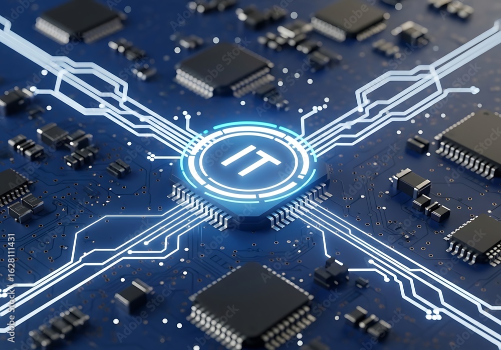 Poster closeup of it processor on a blue circuit board with glowing lines