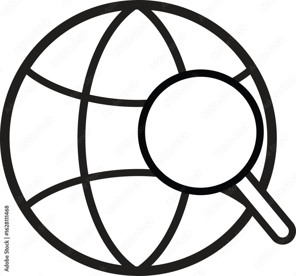 Poster search globe icon representing global internet search or web research with transparent background