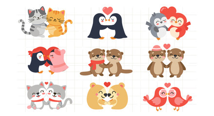 Collection of cartoon animal couples in love including cats penguins otters and birds on brick background