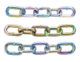 Three metal chains with iridescent finish on white background