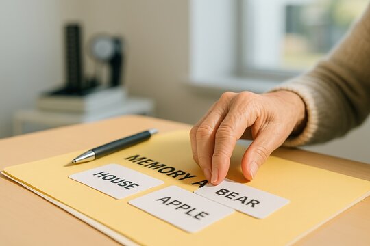 closeup of senior hand participating in memory card game on wooden table, improving cognitive skills and mental agility in cozy indoor setting