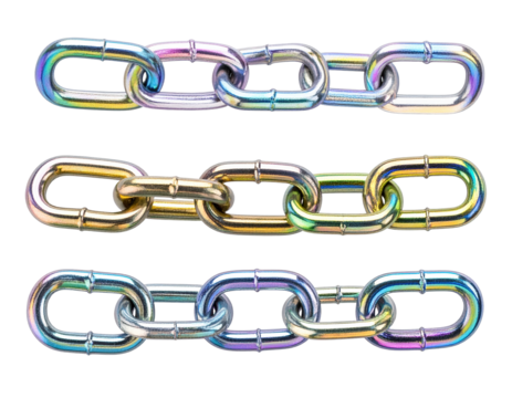 Three metal chains with iridescent finish on white background