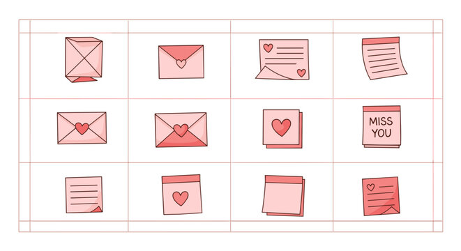 Collection of pink love letters and notes with heart decorations arranged in a grid pattern design
