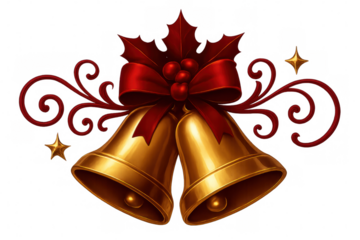 Golden christmas bells adorned with red ribbon, holly, and decorative swirls against transparent backdrop, spreading seasonal cheer