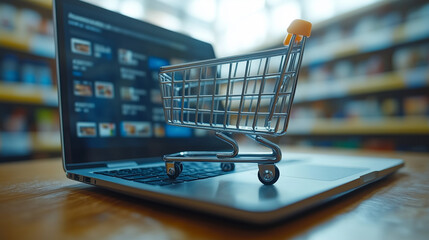 Shopping cart placed on a laptop keyboard, symbolizing online shopping and e-commerce, with blurred background of a digital marketplace interface showcasing products