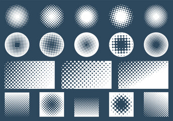 Halftone design element set, circular halftone dot pattern. Specks, vector circle gradient. Modern circle design in polygraph style. Printing pattern.