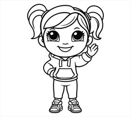 Happy Chibi Girl Waving Outline