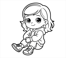 Kawaii Girl in Hoodie Outline Style