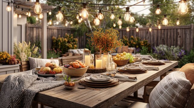 Cozy outdoor autumn dinner setting with warm lights on patio in forest backdrop. Backyard Thanksgiving table, concept of cozy seasonal gathering