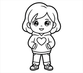 Kids Coloring Book Character — Girl in Hoodie