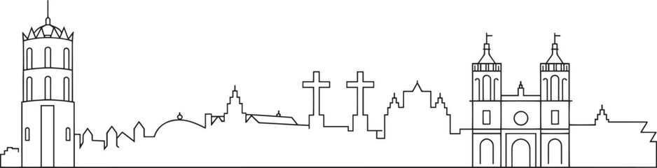 Fototapeta premium Detailed Vilnius Lithuania Skyline Silhouette Outline Vector Illustration Design Template