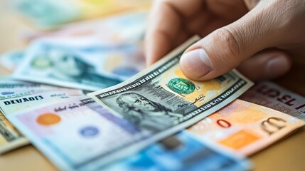 Businessman touching central bank and foreign currency on virtual screen: Money transfers and currency exchanges between countries. Online banking and interbank payment concept.