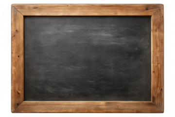 Black chalkboard with a rustic wooden frame, isolated on transparent background