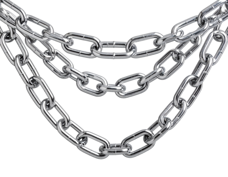 Three shiny metallic chains interlocking against a transparent background