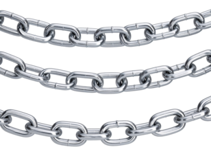 Three silver metal chains with links isolated on a transparent background