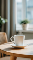 Fototapeta premium Minimalist Hot Beverage Scene on Wooden Table in Natural Light