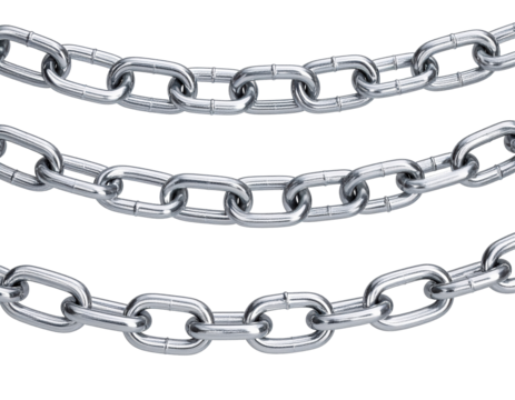 Three silver metal chains with links isolated on a transparent background