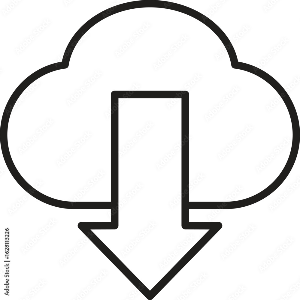 Poster cloud download icon representing file saving or online backup service with transparent background