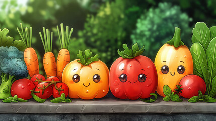 Illustration of a charming cartoon vegetables and fruits, including carrots, tomatoes,broccoli, and a squash